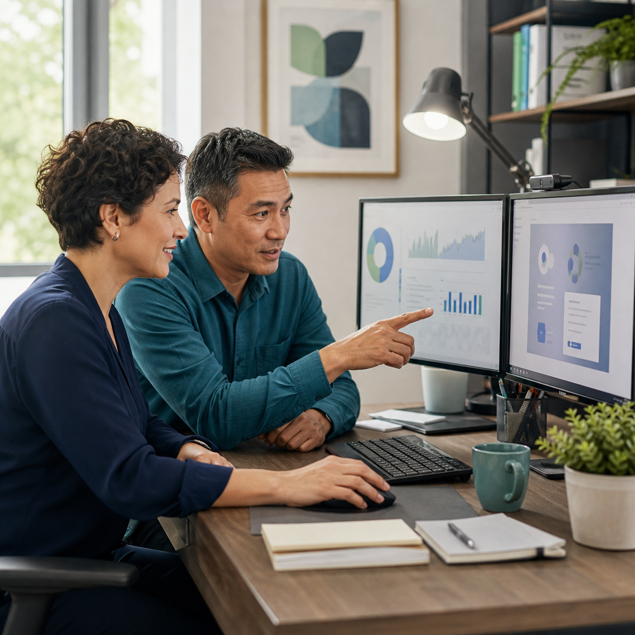 Small-business owner and technology advisor reviewing useful information on dual monitors