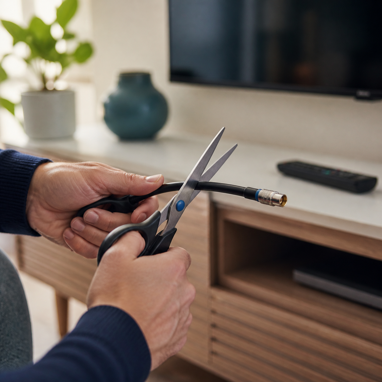 Scissors cutting an unplugged cable cord beside a television and streaming remote